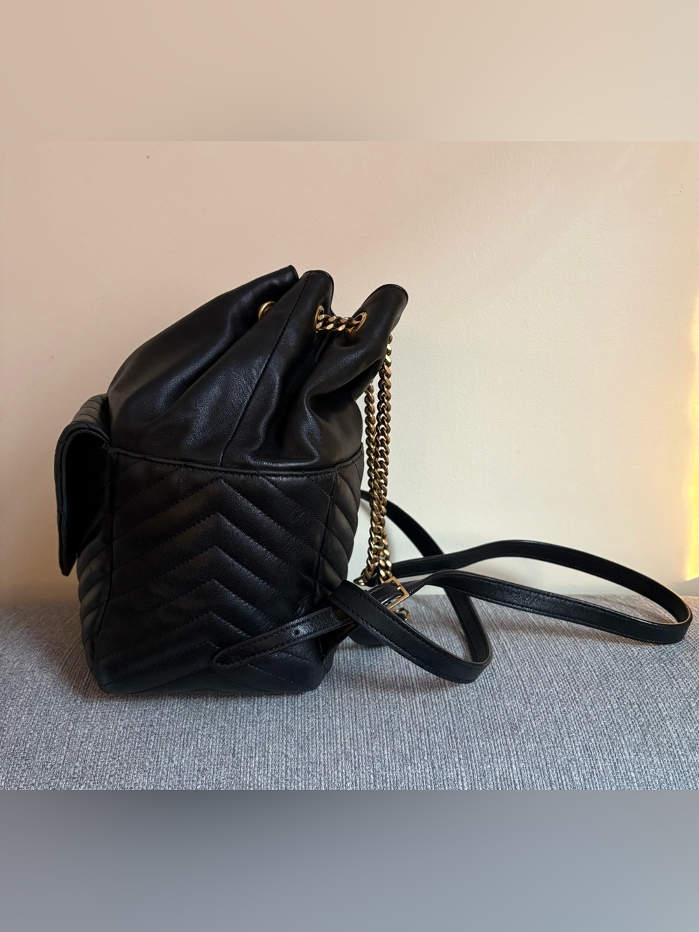 Saint Laurent Black Quilted Leather Drawstring Backpack with Gold Chain - Picture 3 of 16